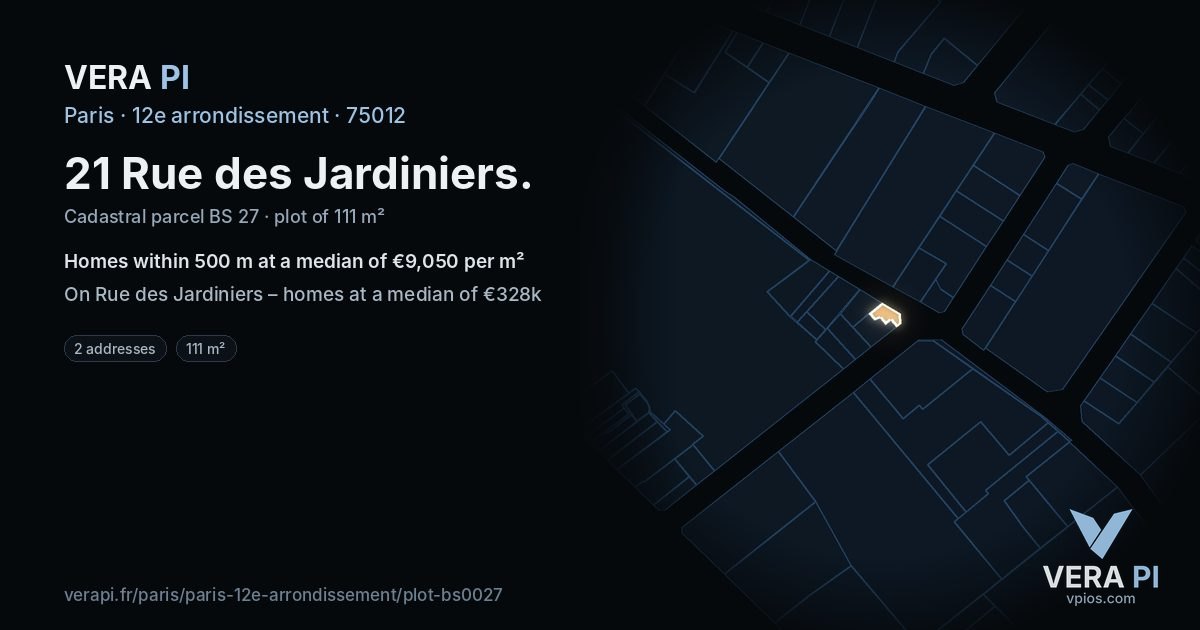 21 Rue des Jardiniers, 12e arrondissement at night – the plot lit, the parcels around coloured by the prices near them