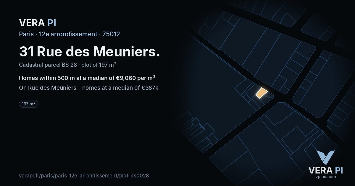 31 Rue des Meuniers, 12e arrondissement at night – the plot lit, the parcels around coloured by the prices near them