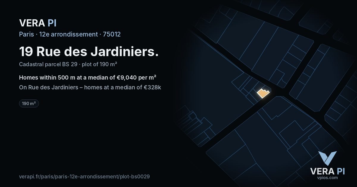 19 Rue des Jardiniers, 12e arrondissement at night – the plot lit, the parcels around coloured by the prices near them
