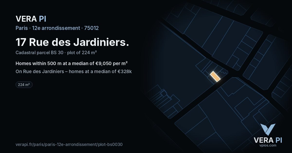 17 Rue des Jardiniers, 12e arrondissement at night – the plot lit, the parcels around coloured by the prices near them