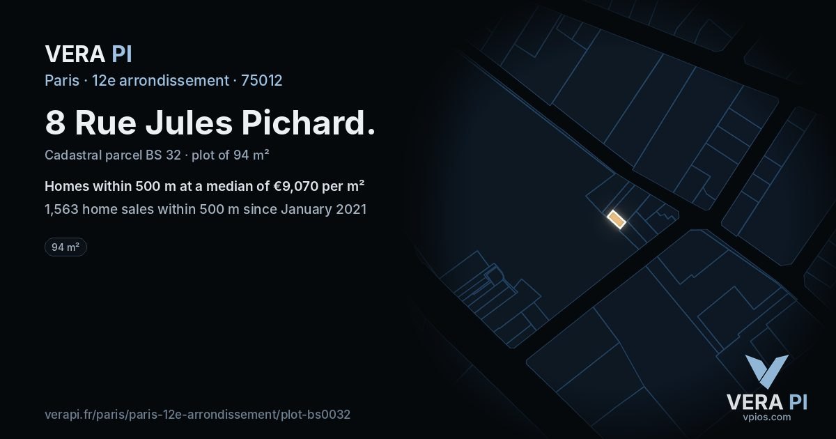 8 Rue Jules Pichard, 12e arrondissement at night – the plot lit, the parcels around coloured by the prices near them