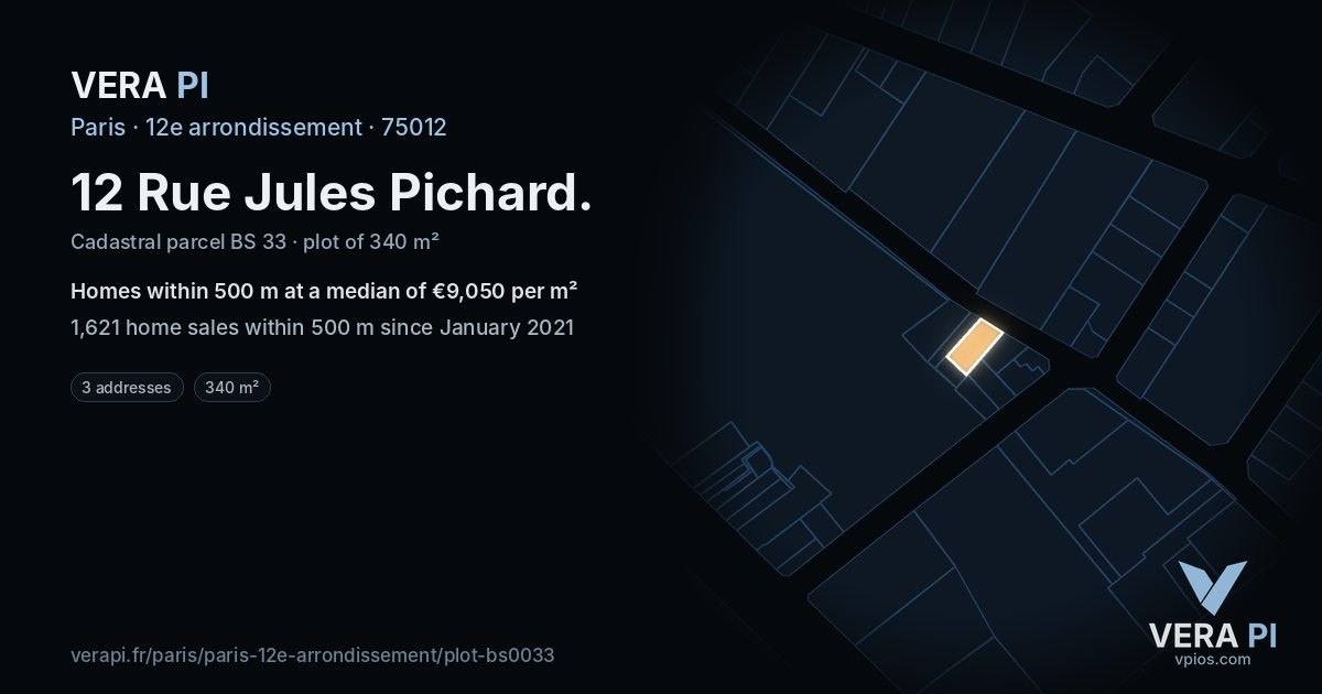 12 Rue Jules Pichard, 12e arrondissement at night – the plot lit, the parcels around coloured by the prices near them