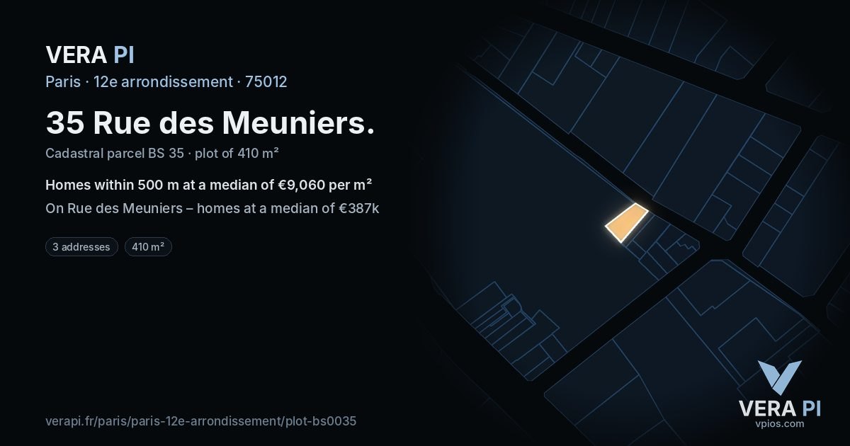 35 Rue des Meuniers, 12e arrondissement at night – the plot lit, the parcels around coloured by the prices near them