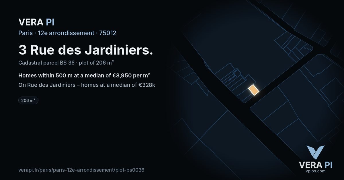 3 Rue des Jardiniers, 12e arrondissement at night – the plot lit, the parcels around coloured by the prices near them