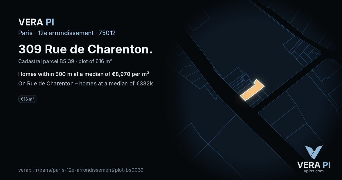 309 Rue de Charenton, 12e arrondissement at night – the plot lit, the parcels around coloured by the prices near them