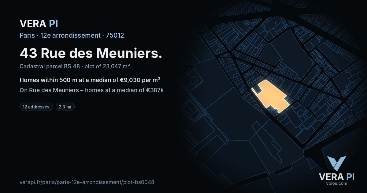 43 Rue des Meuniers, 12e arrondissement at night – the plot lit, the parcels around coloured by the prices near them