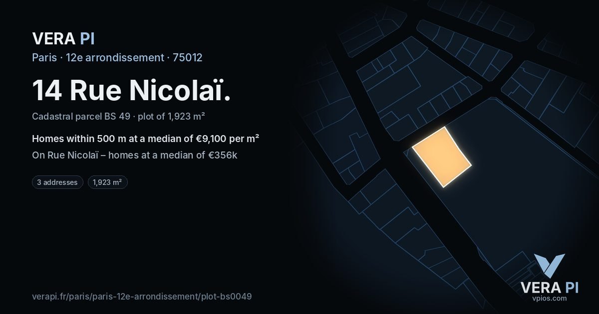 14 Rue Nicolaï, 12e arrondissement at night – the plot lit, the parcels around coloured by the prices near them