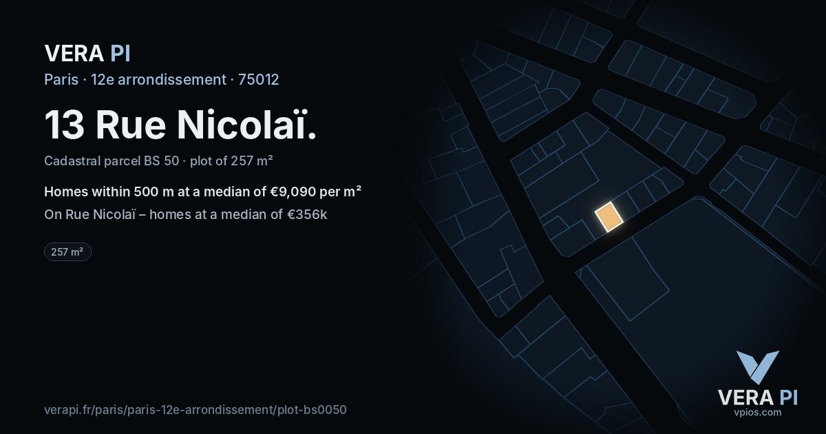 13 Rue Nicolaï, 12e arrondissement at night – the plot lit, the parcels around coloured by the prices near them