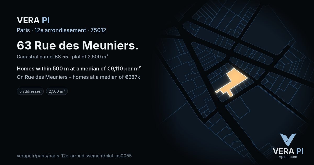 63 Rue des Meuniers, 12e arrondissement at night – the plot lit, the parcels around coloured by the prices near them