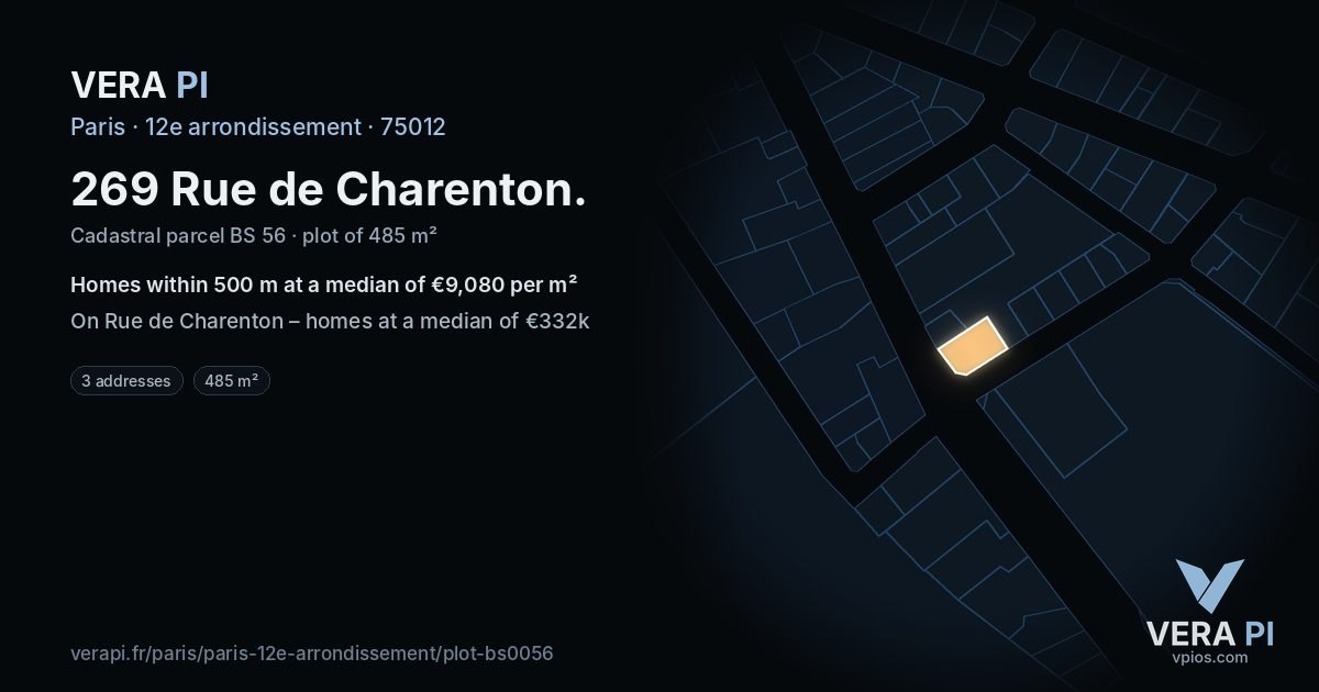 269 Rue de Charenton, 12e arrondissement at night – the plot lit, the parcels around coloured by the prices near them