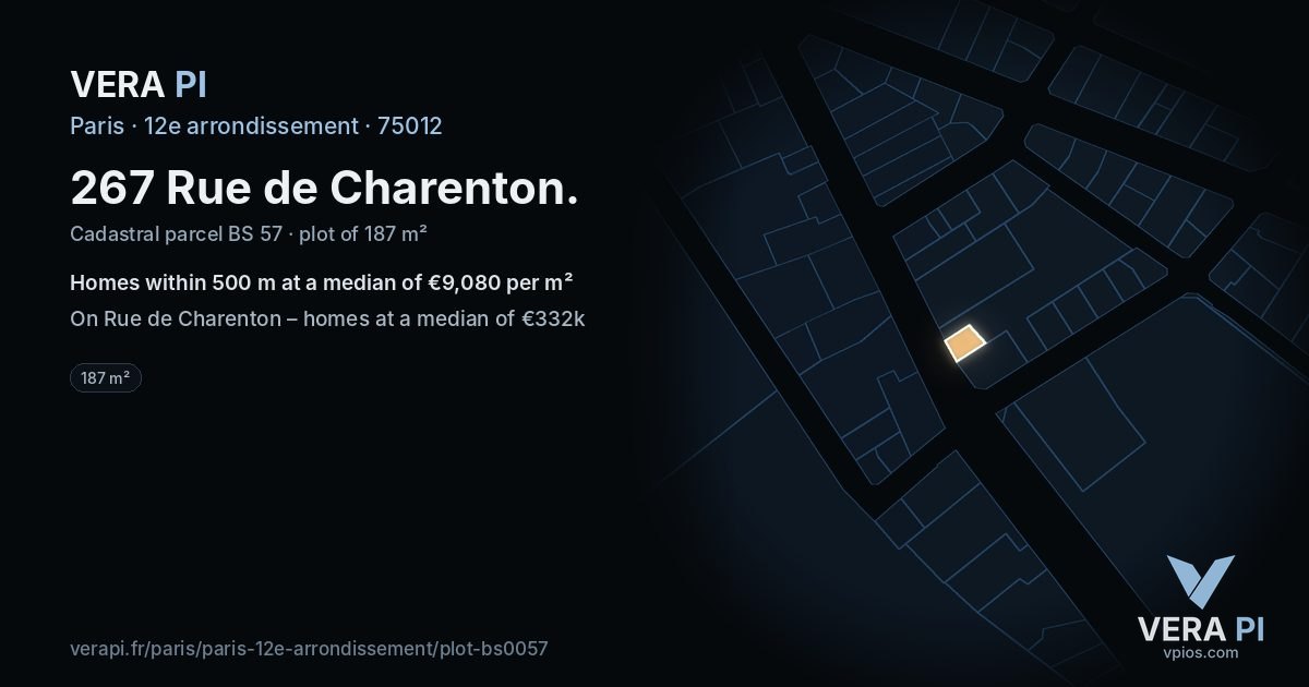 267 Rue de Charenton, 12e arrondissement at night – the plot lit, the parcels around coloured by the prices near them
