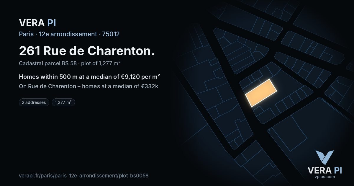 261 Rue de Charenton, 12e arrondissement at night – the plot lit, the parcels around coloured by the prices near them