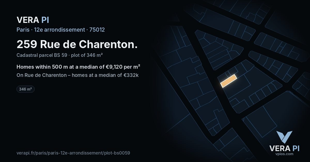 259 Rue de Charenton, 12e arrondissement at night – the plot lit, the parcels around coloured by the prices near them