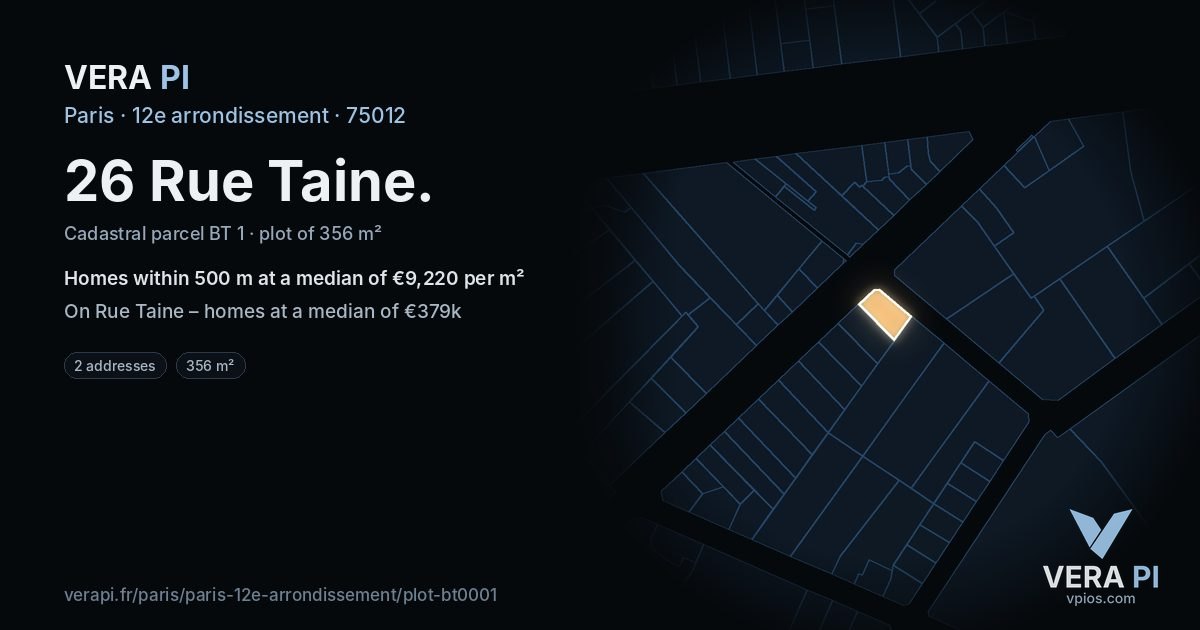 26 Rue Taine, 12e arrondissement at night – the plot lit, the parcels around coloured by the prices near them