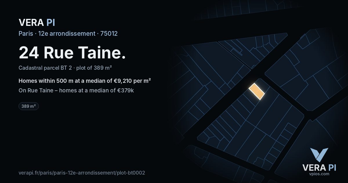 24 Rue Taine, 12e arrondissement at night – the plot lit, the parcels around coloured by the prices near them