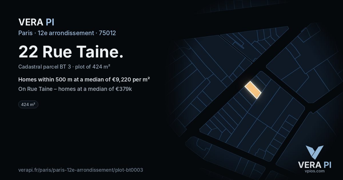 22 Rue Taine, 12e arrondissement at night – the plot lit, the parcels around coloured by the prices near them