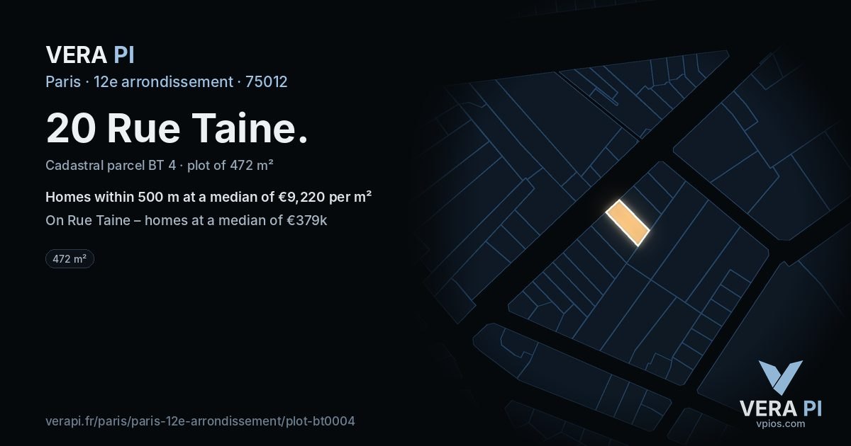 20 Rue Taine, 12e arrondissement at night – the plot lit, the parcels around coloured by the prices near them