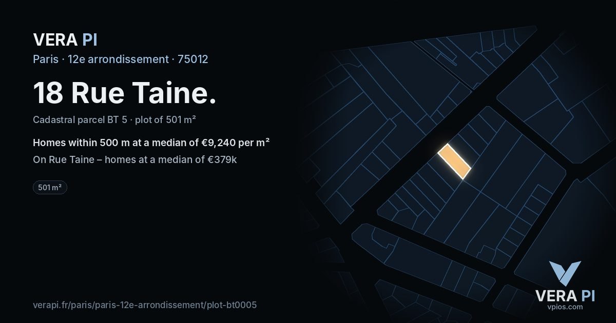 18 Rue Taine, 12e arrondissement at night – the plot lit, the parcels around coloured by the prices near them
