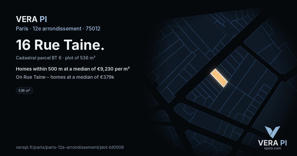 16 Rue Taine, 12e arrondissement at night – the plot lit, the parcels around coloured by the prices near them