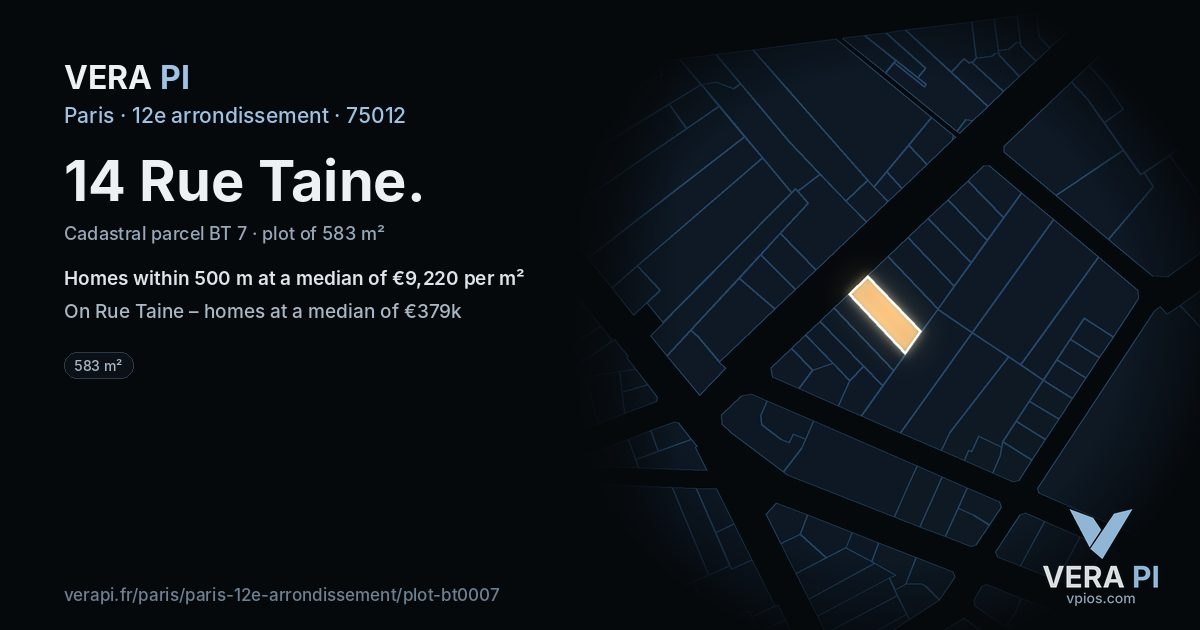 14 Rue Taine, 12e arrondissement at night – the plot lit, the parcels around coloured by the prices near them