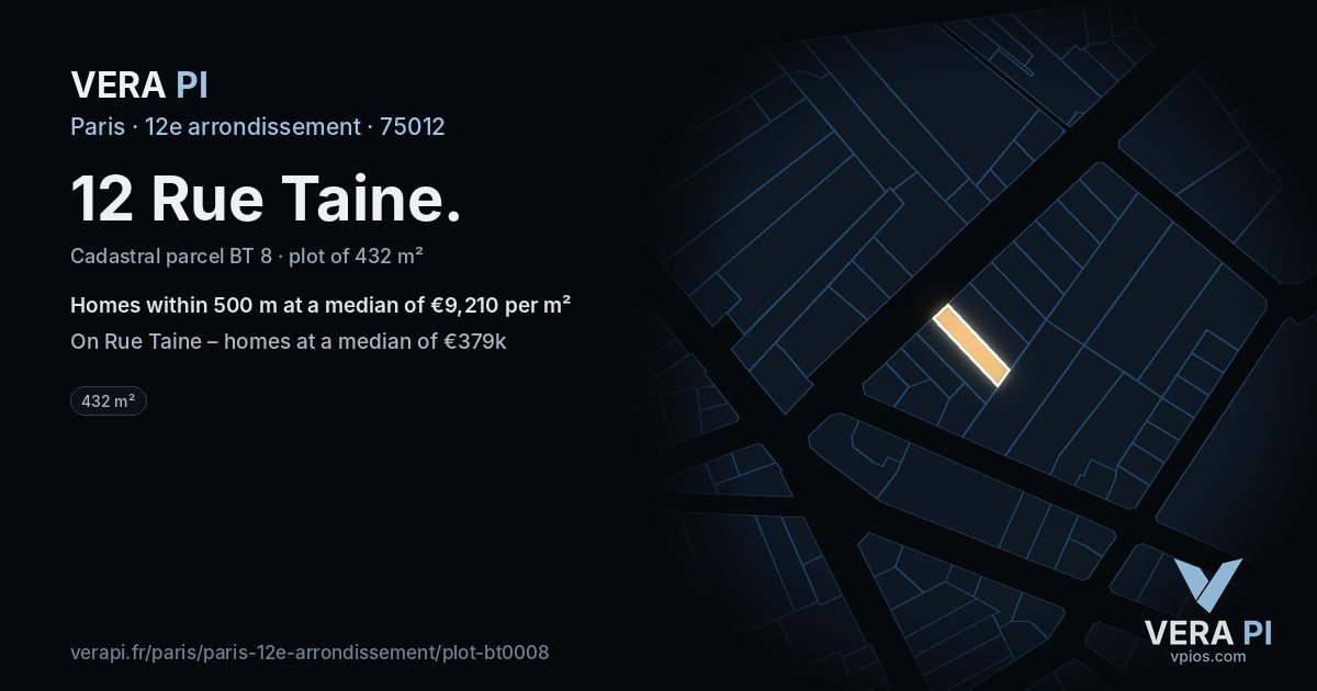 12 Rue Taine, 12e arrondissement at night – the plot lit, the parcels around coloured by the prices near them