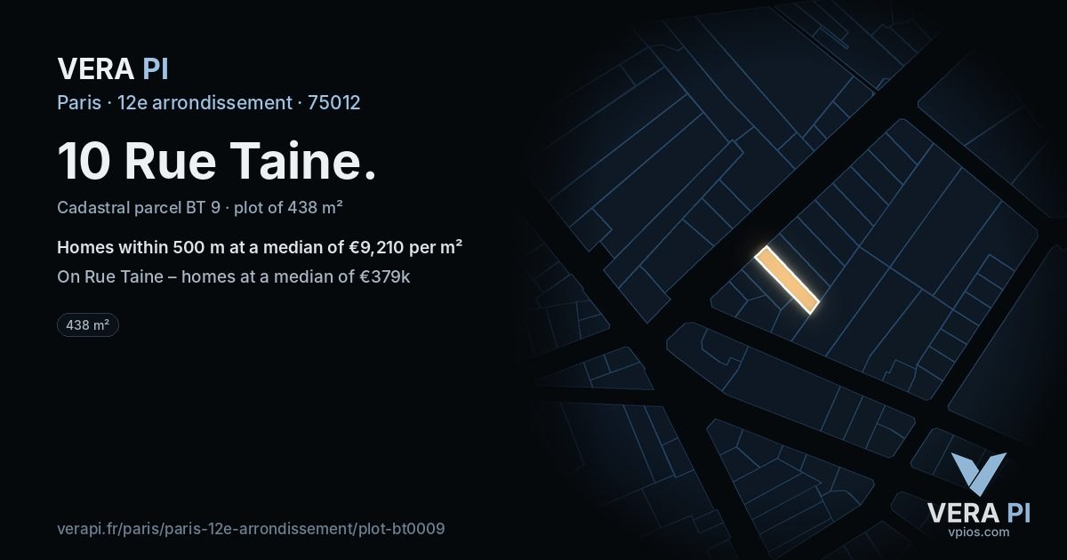 10 Rue Taine, 12e arrondissement at night – the plot lit, the parcels around coloured by the prices near them