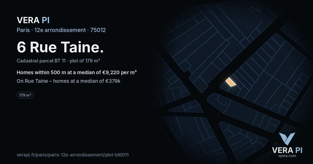 6 Rue Taine, 12e arrondissement at night – the plot lit, the parcels around coloured by the prices near them