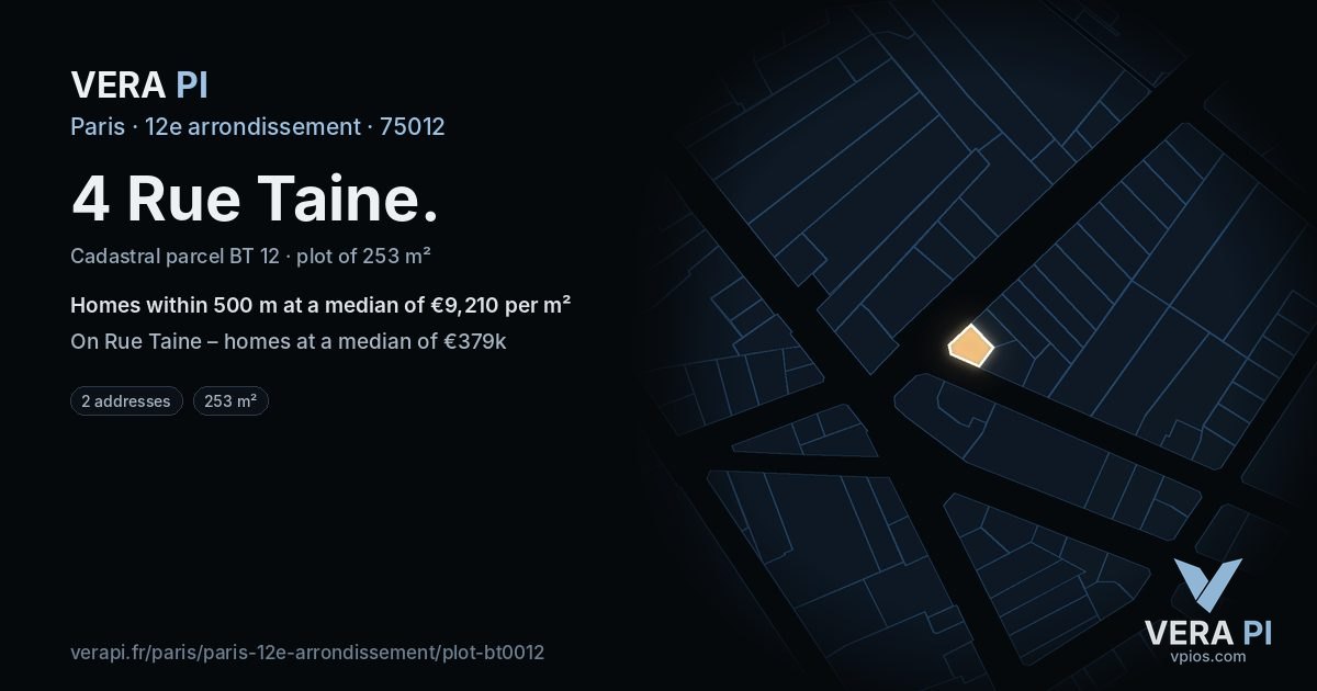 4 Rue Taine, 12e arrondissement at night – the plot lit, the parcels around coloured by the prices near them