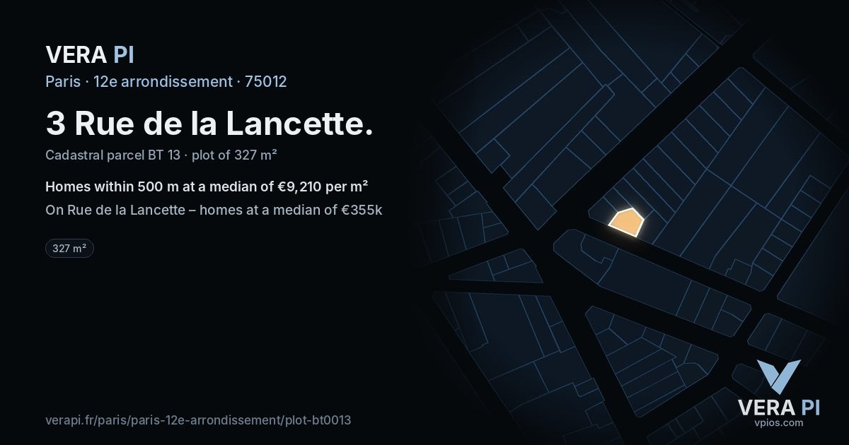 3 Rue de la Lancette, 12e arrondissement at night – the plot lit, the parcels around coloured by the prices near them