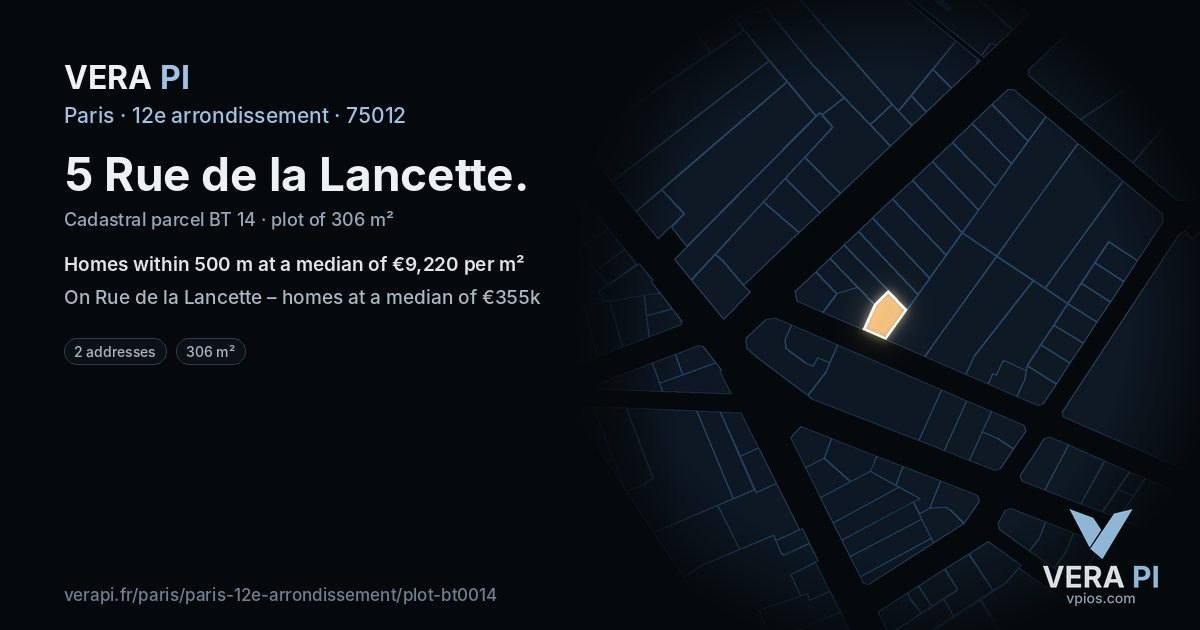 5 Rue de la Lancette, 12e arrondissement at night – the plot lit, the parcels around coloured by the prices near them