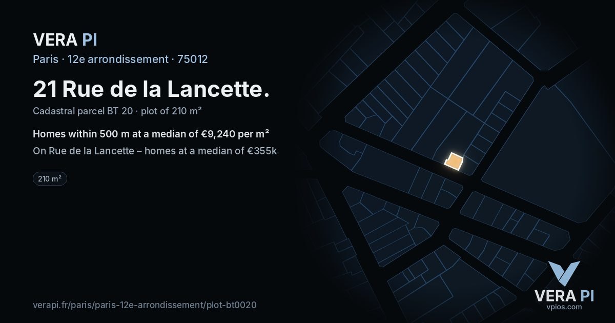 21 Rue de la Lancette, 12e arrondissement at night – the plot lit, the parcels around coloured by the prices near them