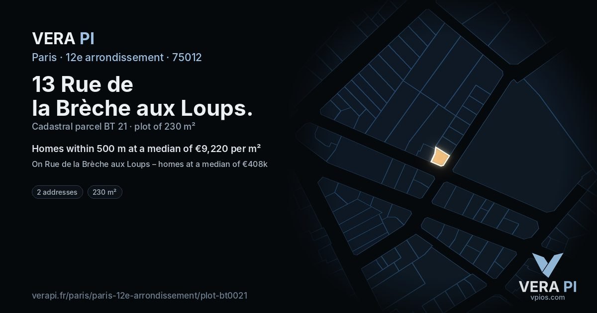 13 Rue de la Brèche aux Loups, 12e arrondissement at night – the plot lit, the parcels around coloured by the prices near them