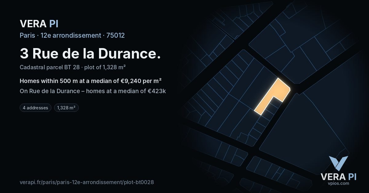 3 Rue de la Durance, 12e arrondissement at night – the plot lit, the parcels around coloured by the prices near them