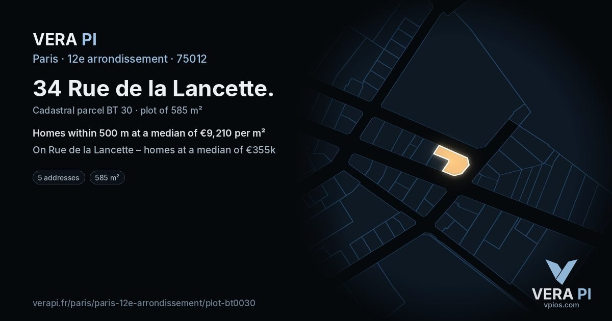 34 Rue de la Lancette, 12e arrondissement at night – the plot lit, the parcels around coloured by the prices near them