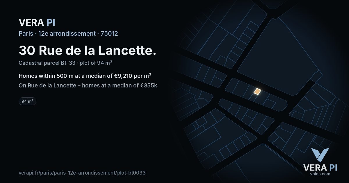 30 Rue de la Lancette, 12e arrondissement at night – the plot lit, the parcels around coloured by the prices near them