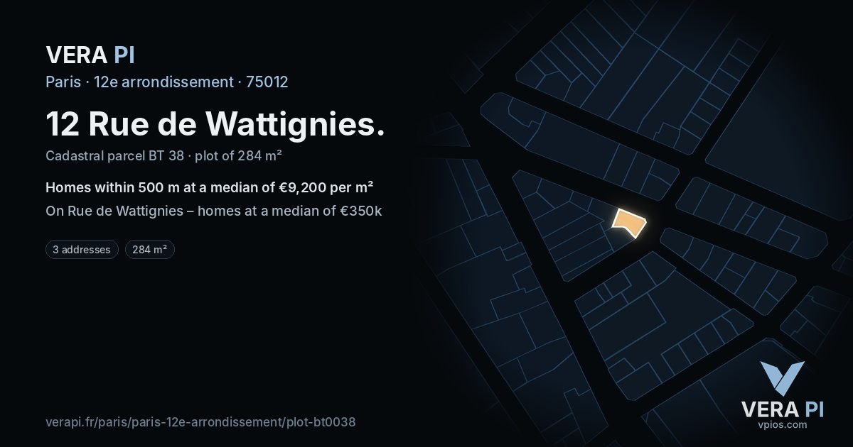 12 Rue de Wattignies, 12e arrondissement at night – the plot lit, the parcels around coloured by the prices near them