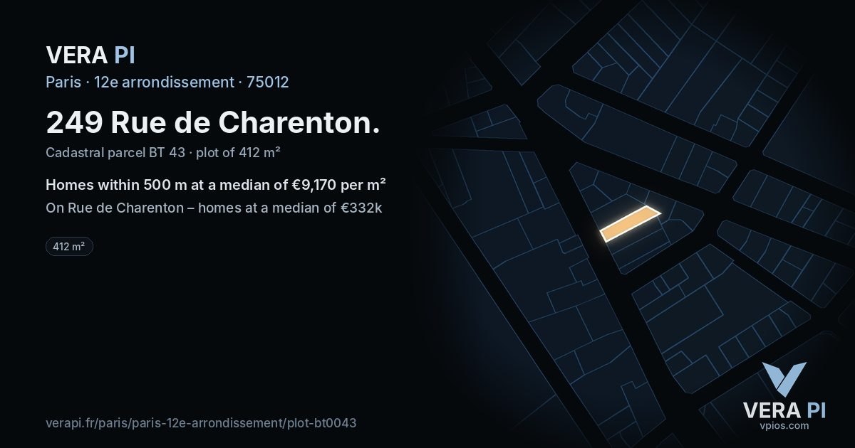 249 Rue de Charenton, 12e arrondissement at night – the plot lit, the parcels around coloured by the prices near them