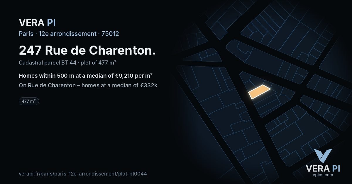 247 Rue de Charenton, 12e arrondissement at night – the plot lit, the parcels around coloured by the prices near them