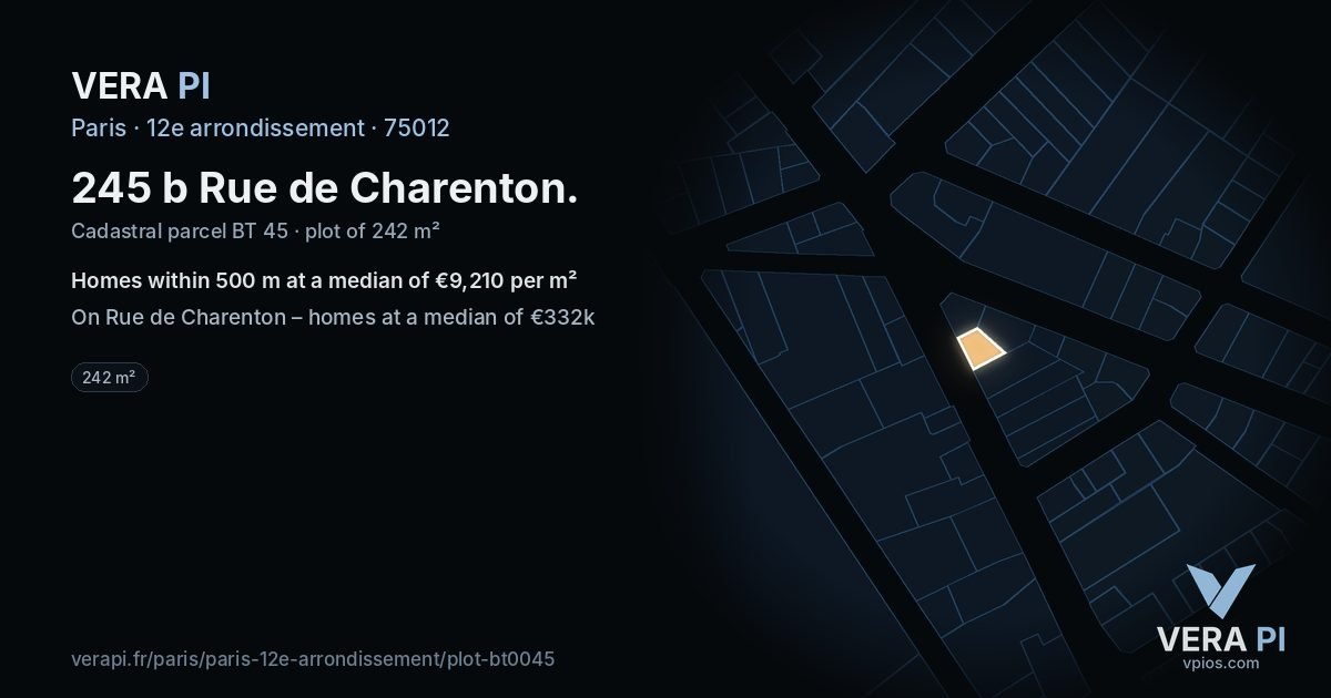 245 b Rue de Charenton, 12e arrondissement at night – the plot lit, the parcels around coloured by the prices near them