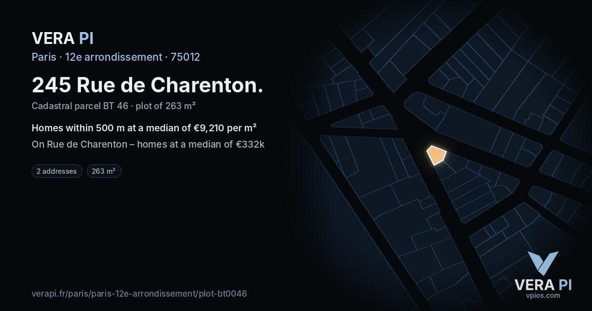 245 Rue de Charenton, 12e arrondissement at night – the plot lit, the parcels around coloured by the prices near them