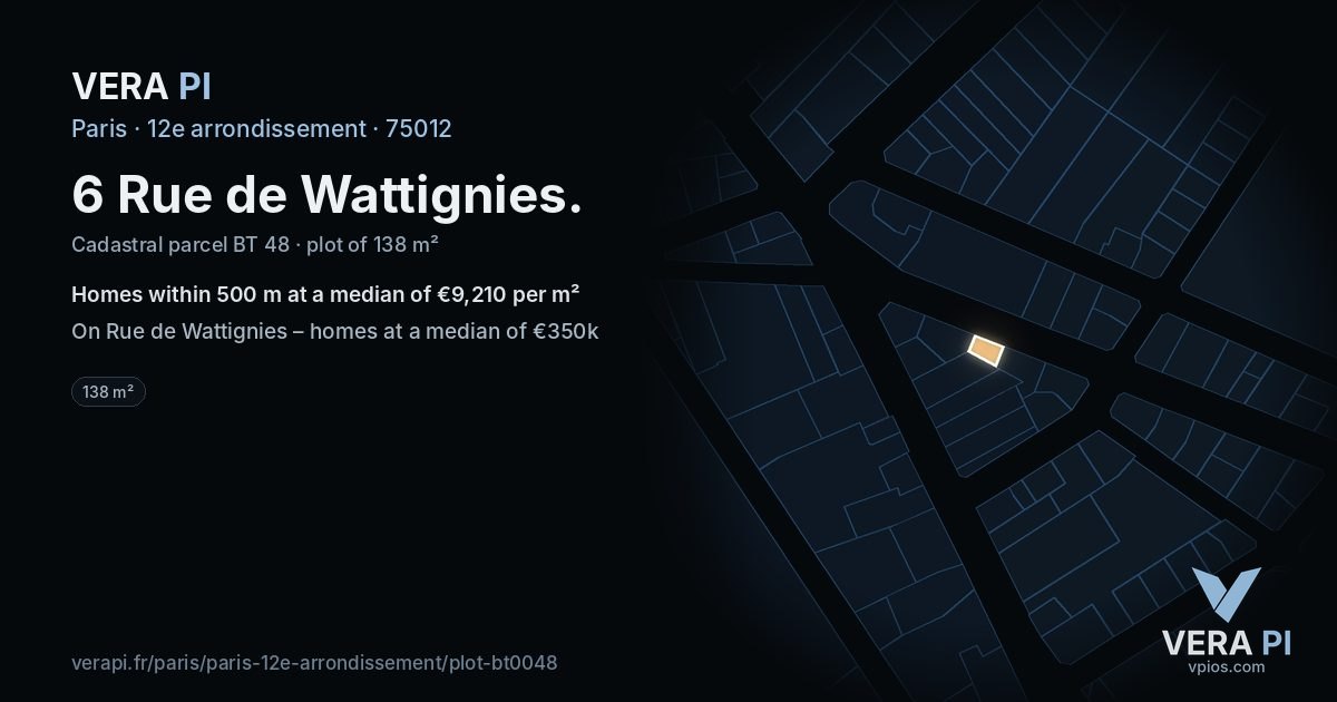 6 Rue de Wattignies, 12e arrondissement at night – the plot lit, the parcels around coloured by the prices near them
