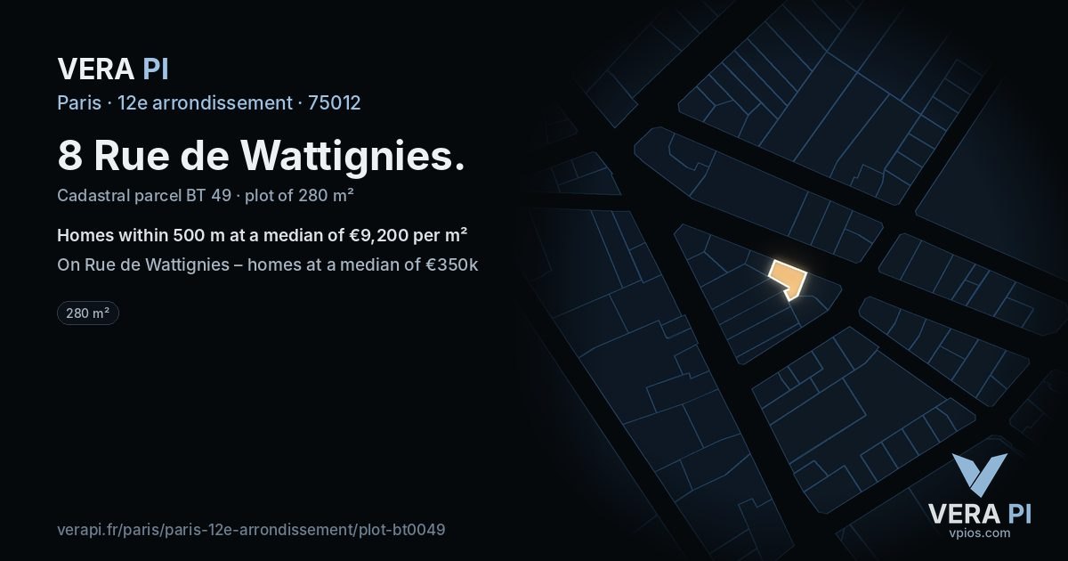 8 Rue de Wattignies, 12e arrondissement at night – the plot lit, the parcels around coloured by the prices near them