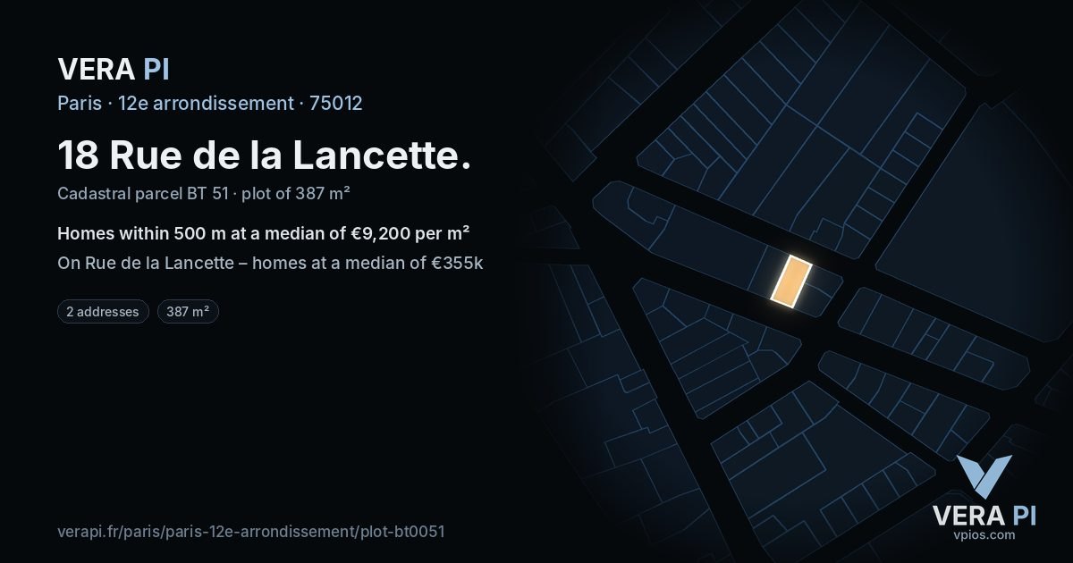 18 Rue de la Lancette, 12e arrondissement at night – the plot lit, the parcels around coloured by the prices near them