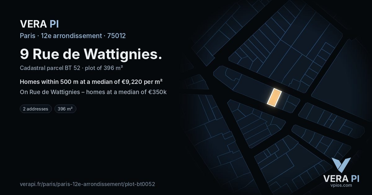 9 Rue de Wattignies, 12e arrondissement at night – the plot lit, the parcels around coloured by the prices near them