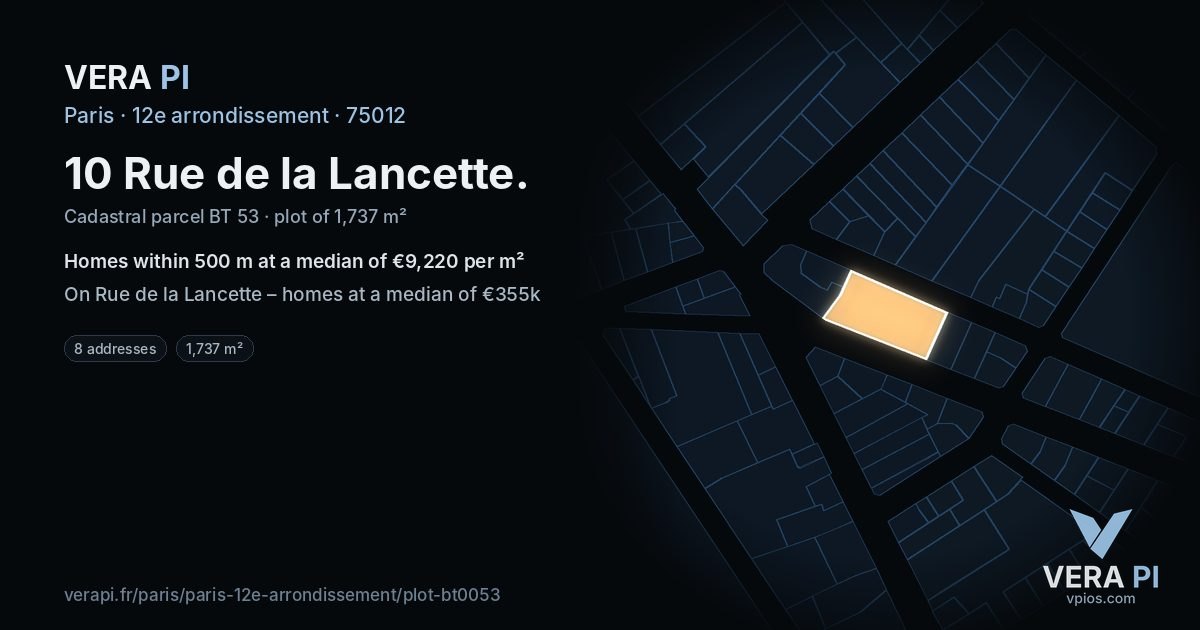 10 Rue de la Lancette, 12e arrondissement at night – the plot lit, the parcels around coloured by the prices near them