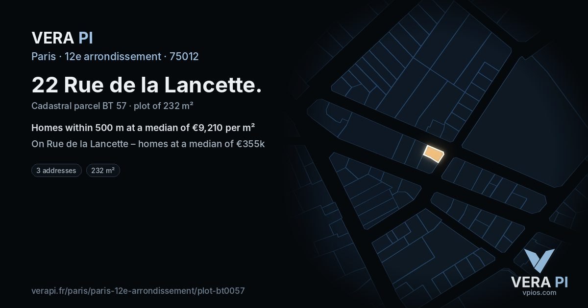 22 Rue de la Lancette, 12e arrondissement at night – the plot lit, the parcels around coloured by the prices near them
