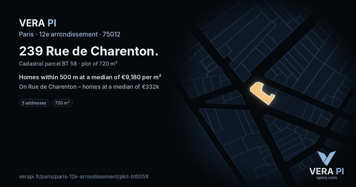 239 Rue de Charenton, 12e arrondissement at night – the plot lit, the parcels around coloured by the prices near them