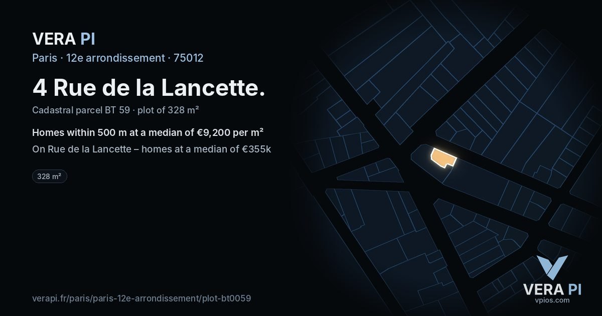 4 Rue de la Lancette, 12e arrondissement at night – the plot lit, the parcels around coloured by the prices near them