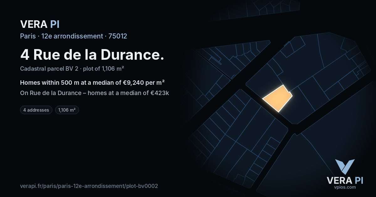 4 Rue de la Durance, 12e arrondissement at night – the plot lit, the parcels around coloured by the prices near them
