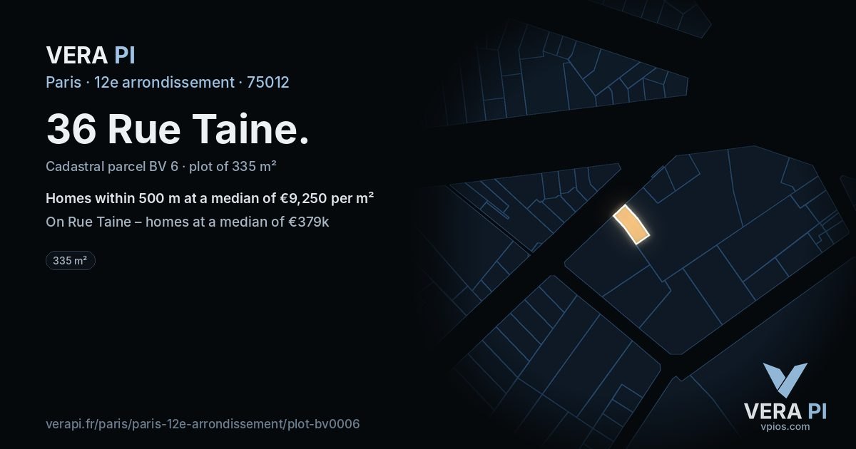 36 Rue Taine, 12e arrondissement at night – the plot lit, the parcels around coloured by the prices near them
